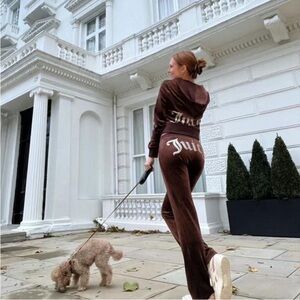 Juicy Couture Brown Sugar rhinestone logo 2 piece set Hoodie Track suit NEW